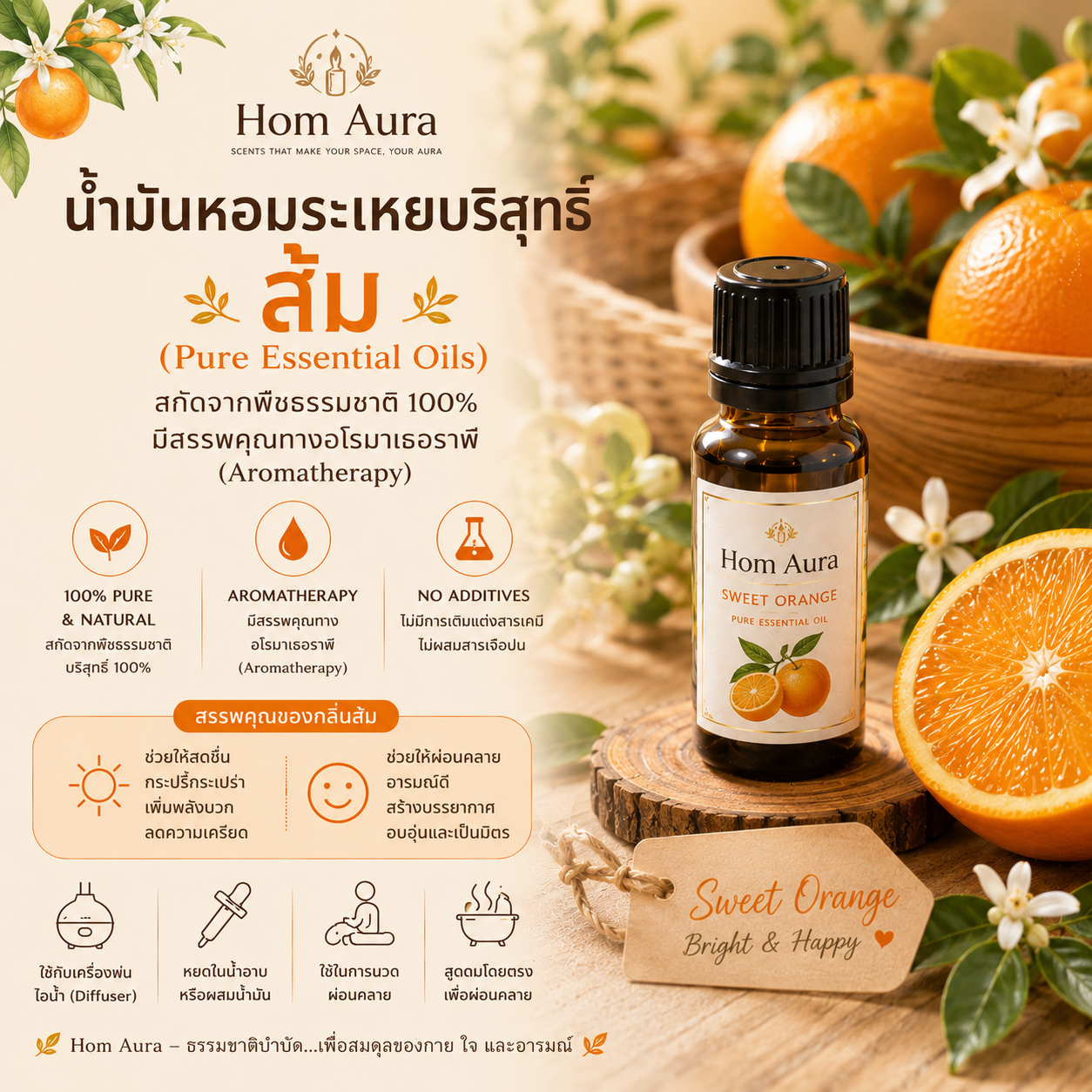 Hom Aura น้ำมันหอมระเหย กลิ่นSweet Orange ขนาด 15 ml